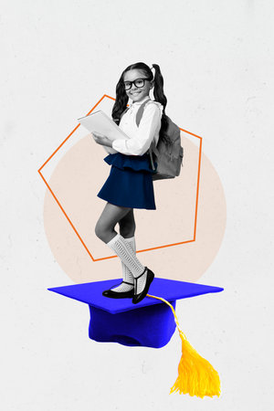 3D collage poster template trend artwork sketch of fall study education pupil courses young age girl uniform stand graduate cap smileの写真素材