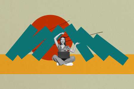 Image trend collage of person use gadget demonstrate with falling bricks on green backgroundの写真素材