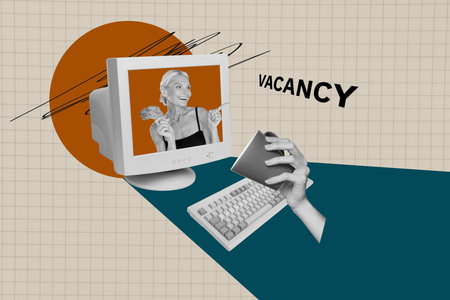 Image poster collage of person demonstrate on PC screen with vacancy text having hand hold cup on...