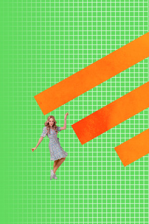 Vertical banner 3d art pop image collage of happy businesswoman businessman climb stand chart...