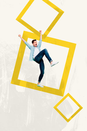 Collage of joyful dancing person surrounded colorful abstract geometric shapes expressing happiness...