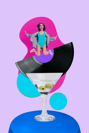 Collage of joyful person cocktail glass bright colors celebrating party alcohol drinks bartender friday weekend lifestyleの写真素材