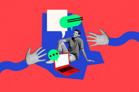 Trend artwork template design 3D collage sketch of young man sit smile dialog conversation speech sticker quote laptop remote hand gestureの写真素材