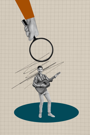 Banner collage of person stand play music instrument under huge magnifier over pastel backgroundの写真素材