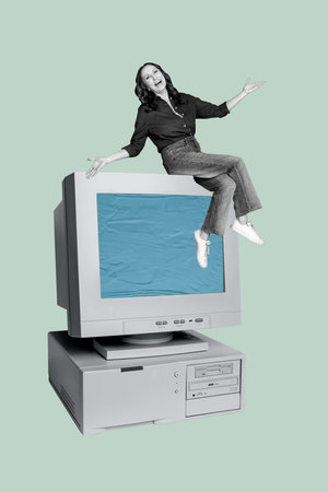 Art banner poster pop trend collage of happy aged woman it-specialist peek pc monitor occupation networking workaholic jobの写真素材