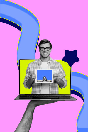 Banner zine 3d poster image photo collage of happy businessman hold ereader peek laptop star...