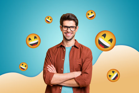 Collage of person surrounded by floating emoji icons expressing fun and different emotions happy joy angry oops lolの写真素材