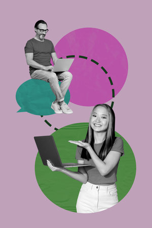 Composite zine art pop trend collage of two happy girl guy hold laptop send message communication...