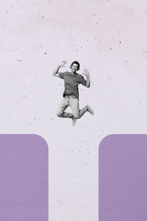 Vertical banner 3d art pop image collage of happy businesswoman businessman climb stand chart progress statistics goal progressの写真素材