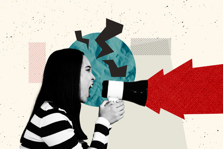 Trend artwork composite 3D collage design of depression anxiety therapy sad problem young lady talk speaker megaphone attention propagandaの写真素材