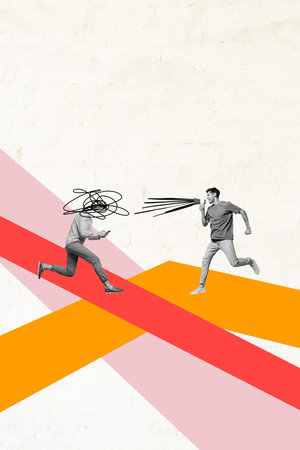 Trend template sketch design 3D photo collage of psychedelic man no head run type smartphone guy talk loudspeaker line route way directionの写真素材