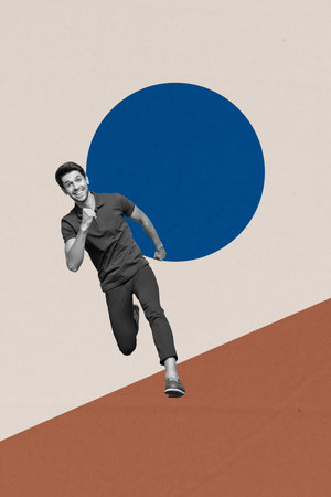 Banner trend collage of person run fast on pastel background with circle