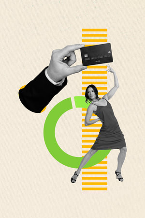 Composite 3D collage trend template design of huge hand hold bank credit card young lady dance trade...