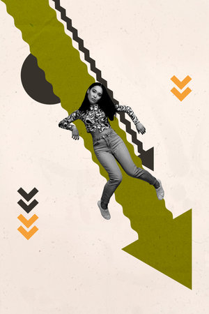 Creative design trend artwork collage of young woman doll pose lying huge size arrow down crisis...