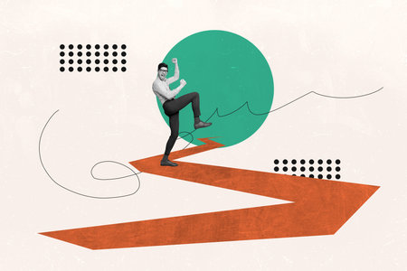 Banner creative poster art collage of happy businessman stand path development receive career promotion aim achievement progressの写真素材