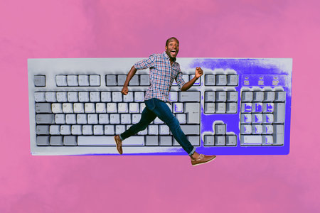 Collage of funny business person relax coffee retro computer keyboard keys text programming code in...