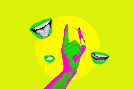 Composite 3D collage trend sketch of mouth gossip talk conversation creative body language symbol sign finger up young small woman standの写真素材