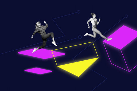 Art sketch image vertical collage of two happy business partners run together neon geometric figure...