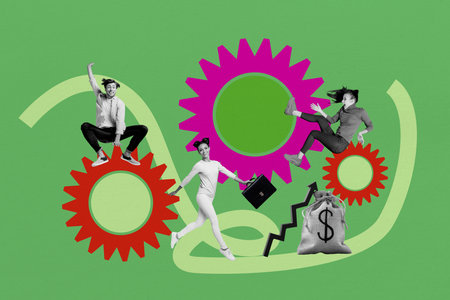 Poster image artwork pop collage of happy business partners run gearwheel optimization dollar bag...