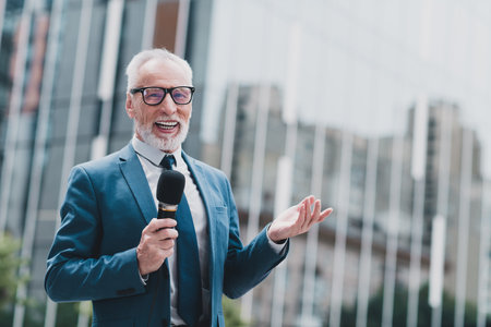 Elderly businessman presenting with confidence outdoors in an urban corporate environment holding a microphoneの写真素材