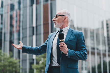 Confident Senior Businessman Presenting with Microphone Outdoors in Modern Urban Environment Wearing Formal Suitの写真素材