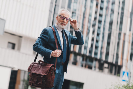 Real estate agency representative in blue suit holding leather bag standing outdoors against modern urban building backgroundの写真素材