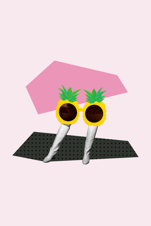 Vertical art trend collage of anonym girl hide sunglass valise summer travel relax vacation trip adventure resort passengerの写真素材