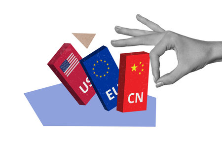 Composite artwork 3D photo collage template of hand gesture push domino figure cn eu us fall national economy investment trade war marketの写真素材