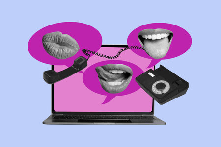 Trendy poster art collage of human hands girl guy stand open laptop bubble communication speech icon chat dialogue phraseの写真素材