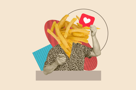 Template sketch image composite collage of chef meal tasty cooking diet man body fry potato head hold samrtphone like banner food bloggerの写真素材