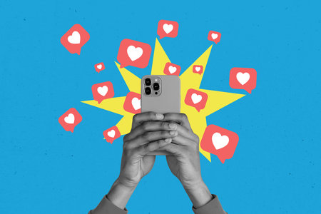 Banner image full photo collage of human hand hold phone device click like reaction popular content...