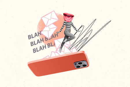 Trend artwork banner sketch 3D collage of blogging digital media online young woman body mouth head...