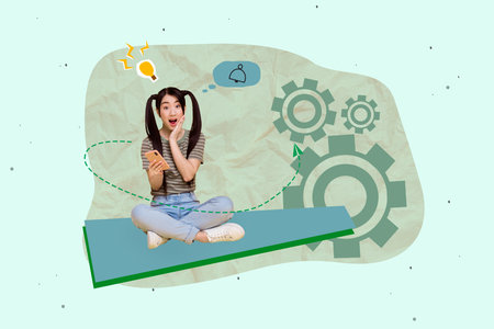 Zine banner full photo collage of happy businesswoman businessman receive promotion gearwheel progress statistics chanceの写真素材