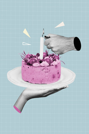 Composite 3D photo collage design trend sketch of hand hold dish sweet cupcake fire light candle...