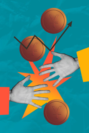 Sketch template design 3D photo collage composite of two hand gesture showing arrow growth up money...