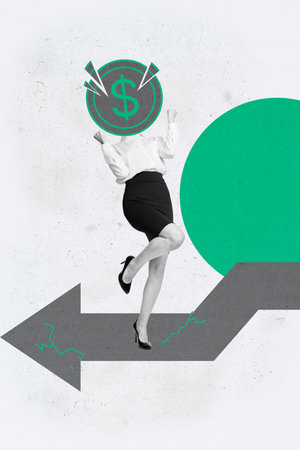 Collage of shocked young woman man reacting to financial loss with dollar signs and broken downward arrowの写真素材