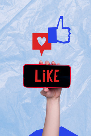 Trend artwork sketch design montage 3D collage of hand hold smartphone touchscreen like banner thumb fine blogger media repost influencerの写真素材