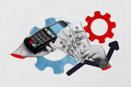 3d zine full image art collage of contactless payment pos terminal money dollar credit card income...