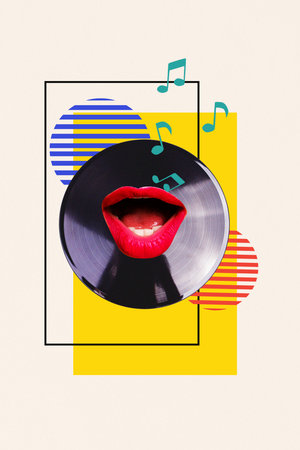 Trend artwork sketch design montage 3D collage of vinyl recorder mouth lips sing song notes weekend...