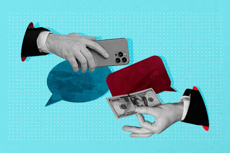 Collage of hands person people using speech bubbles representing chatting online messaging social...
