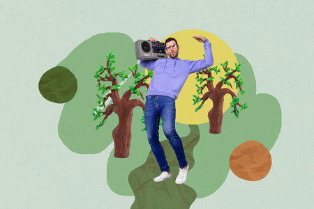 Image pop banner 3d photo collage of happy girl guy stand plasticine tree decor spring summer walk international holidayの写真素材