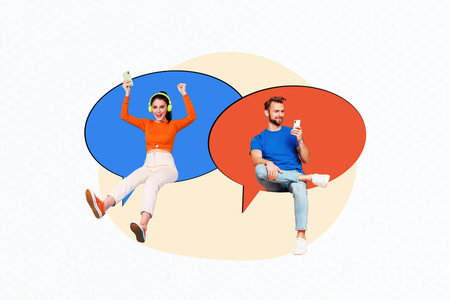 Sketch image trend montage 3D photo collage of couple young lady man sit chatting cloud hold...
