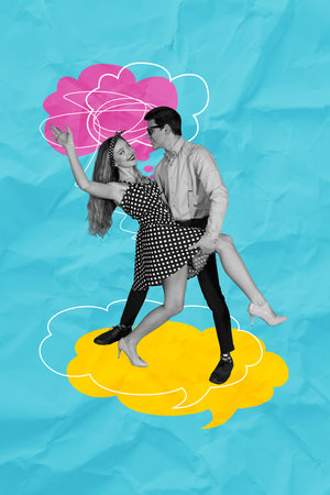 Poster zine image photo art collage of two happy girl guy couple dance together bubble communication icon chat dialogue loversの写真素材