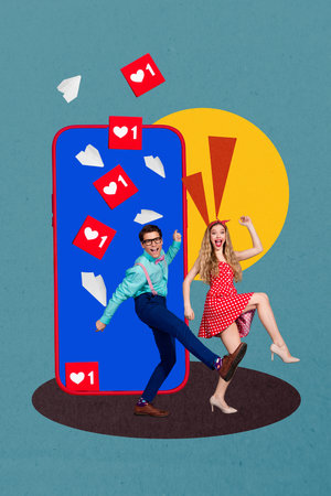 Trend sketch design 3D photo collage of smartphone display couple young lady man dance smile retro...