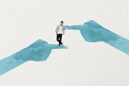 Full 3d zine pop trend collage of hands point businesswoman businessman hands point index finger redundancy concept cut staffの写真素材