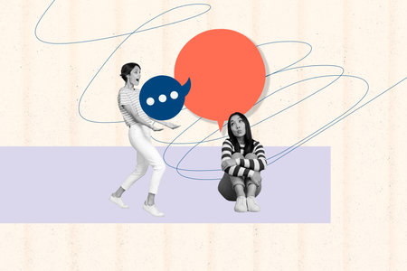 Trend artwork sketch design montage 3D collage of two young lady friends conversation sit down walk...