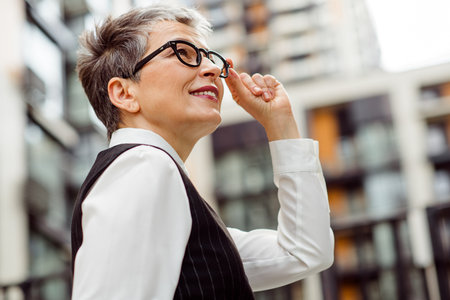 Stylish mature businesswoman outdoors in urban environment appearing confident and professional with...