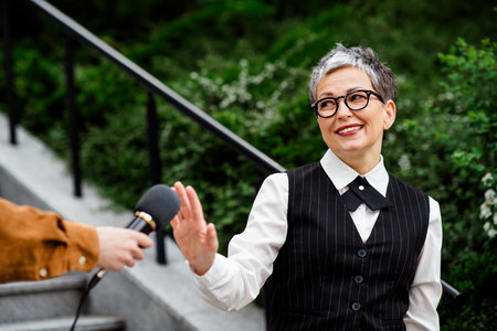Smiling mature professional woman in a striped waistcoat being interviewed outdoors in an urban...