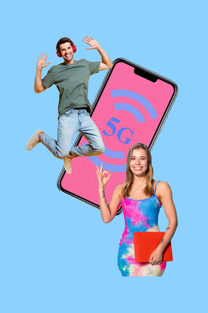 Banner image art collage of two happy girl guy stand phone screen 5g network connection wifi modern...