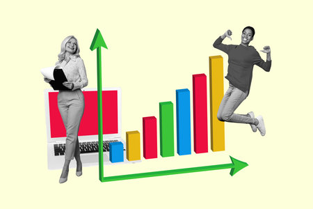 Image full pop trend collage of two happy business partners girl jump laptop arrow chart development...